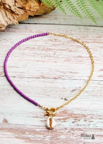 Boho Necklace, Blue Colorful Hippie Gold Shell